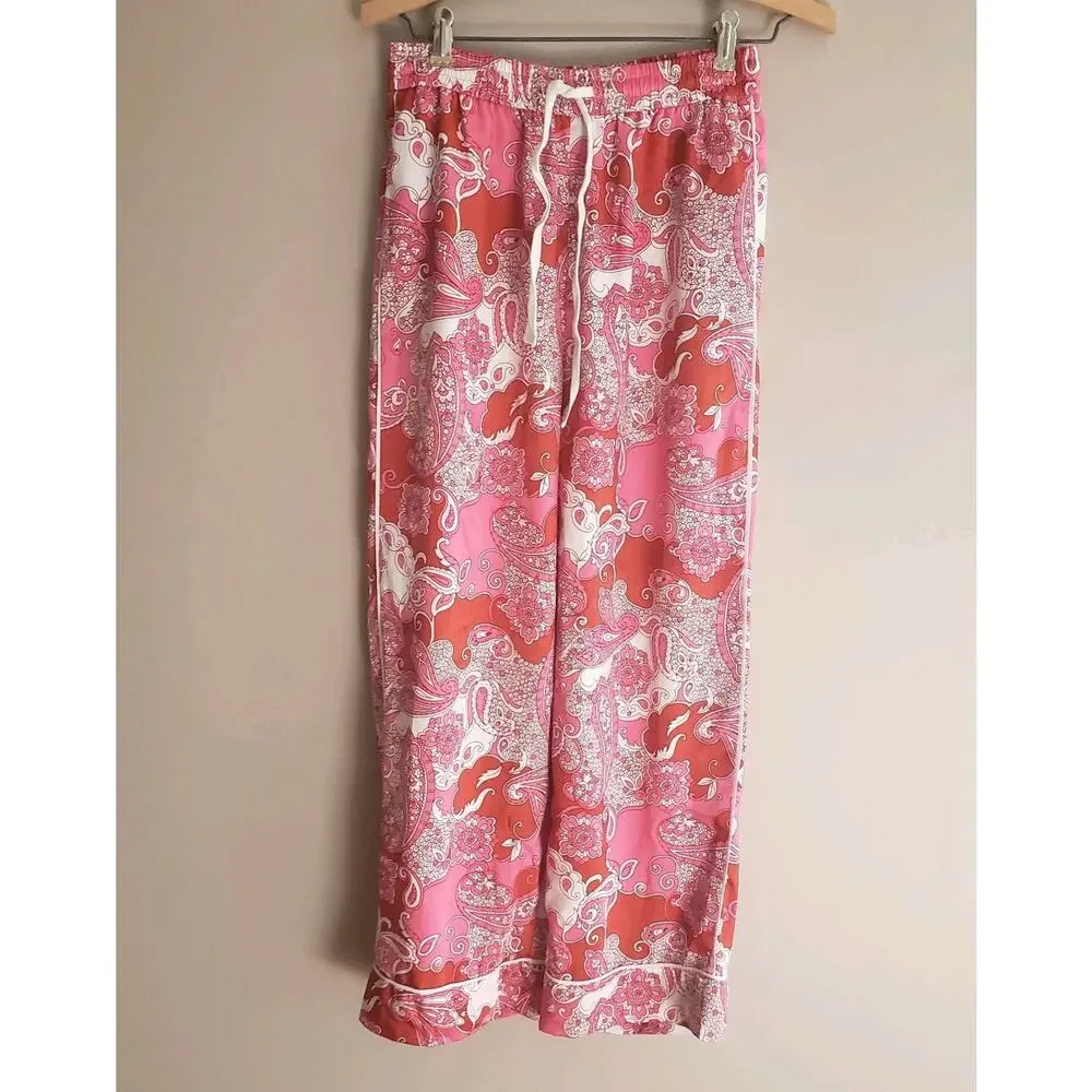 J Crew Lounge Pajama Pants Pink Silky Elastic Waist Drawstring Sz 2